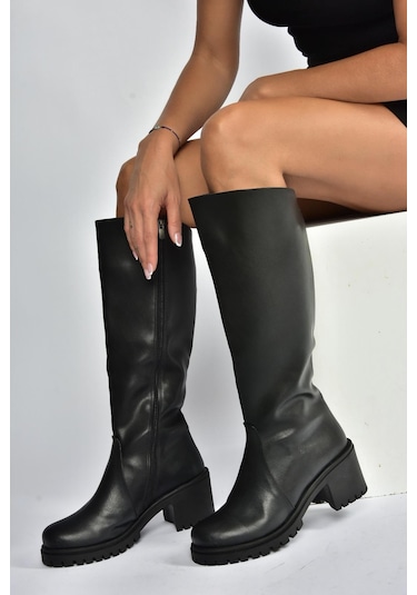 Fox Shoes V726800209 Siyah Kalın Topuklu Klasik Kadın Çizme Siyah-Suni Deri
