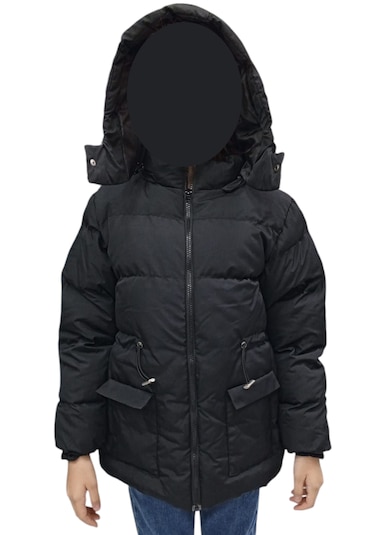 Kız Çocuk Kapüşonu Çıkabilen Fermuar Kapamalı Beli İp Bağlamalı İçi Peluş Astarlı Siyah Mont Siyah