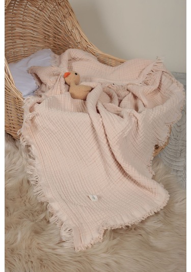 Müslin Püsküllü 4 Katlı Müslin Battaniye 90x120 Cm - Ze4katlı Ekru