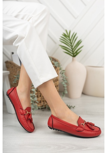 Khayt Tassel Casual Günlük Kadın Babet Ayakkabı Kırmızı