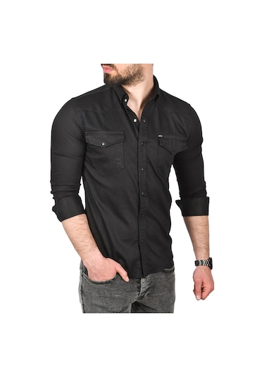 Deepsea Erkek Siyah Slim Fit Pamuklu Cepli Kot Gömlek Çıtçıtlı Uzun Kollu Spor Gömlek 2502503 Siyah