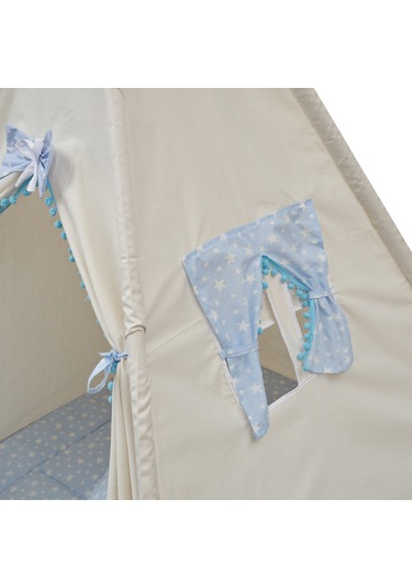 Exorbaby Lüks,büyük Boy,ahşap Ve Pamuklu Naturel Kumaş,toplanmaz,devrilmez,puf Minderli Oyun Çadırı Mavi