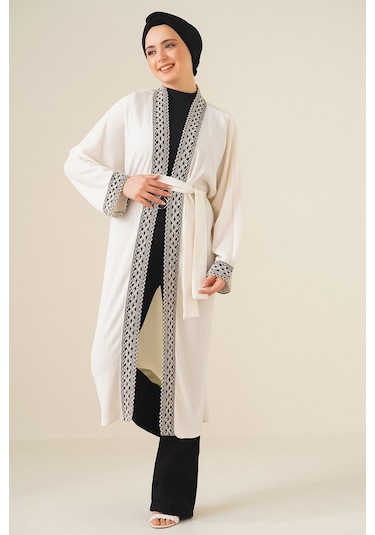 Bigdart 5865 Nakışlı Örme Uzun Kimono - Beyaz 5865bgd19-005-12120 001