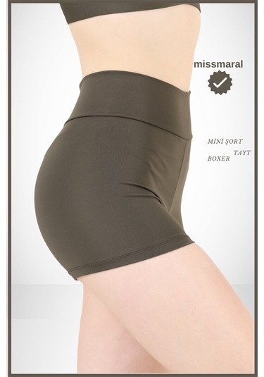 Kadın Haki Yüksek Bel Toparlayıcı İç Göstermeyen Boxer Şort Deniz, Havuz & Günlük Kullanım İçin Haki