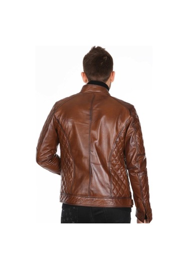 Hakiki Deri Kahverengi Neymar Omuz Kol Işlemeli Erkek Deri Ceket Kahverengi
