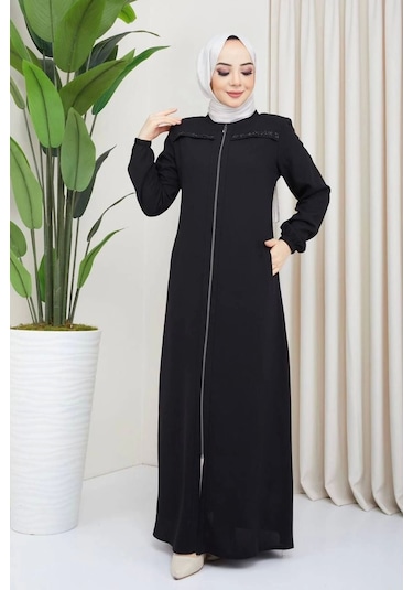 Göğüs Taş Detaylı Ferace Siyah