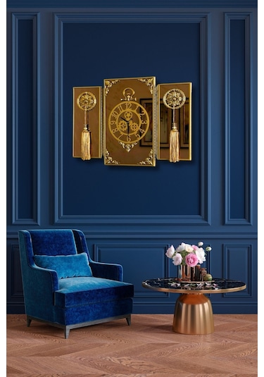 Casablanca 3 Lü Gold Aynalı Çerçeveli Püsküllü Duvar Saati Takımı, Wall Clock Hediye 38gmb Altın