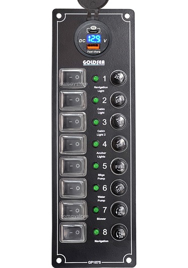 Goldsea Switch Panel 8 Anahtarlı Voltmetreli Usb-C Soketli 12-24 V 250X80Mm