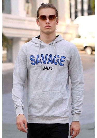 Madmext Basklı Gri Kapşonlu Sweatshirt 4147 Gri