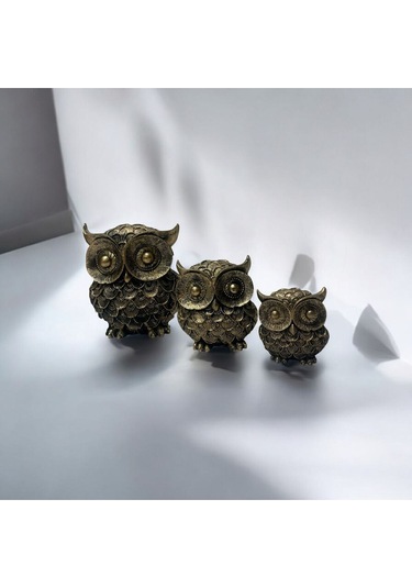 Dekoratif Polyester Üçlü Baykuş Biblo Set Gold Eskitme