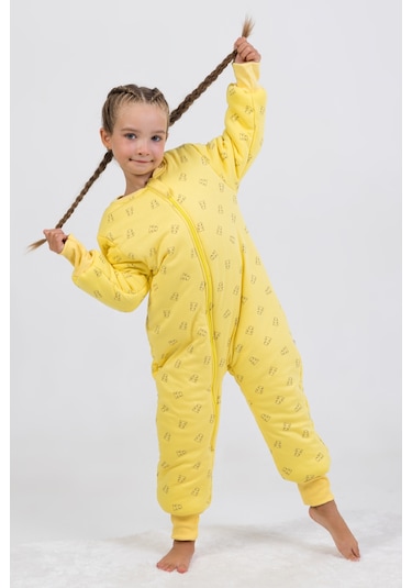 Kız Erkek Çocuk Kalın Elyaf Dolgulu Premium Kalite 2.5 Tog Desenli Uyku Tulumu Sarı - Siyah