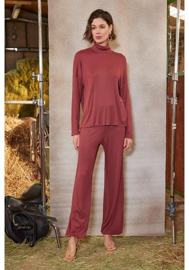 Monamise Kadın Balıkçı Yaka Çizgi Desenli Alt Üst Takım 21133 Kiremit