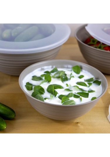 Ceronni Galaksi Desenli Kapaklı Kase 3lü Set 3lt 2lt 1lt Bej Bej