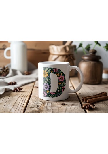 D Baş Harf Çiçek Desenleri İle Natural Tarz Kupa Bardak - Kişiye Özel Çiçekli Kahve Çay Bardak - Beyaz