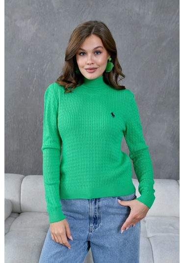 Kadın Dik Yaka Saç Örgü Nakış Detaylı Triko Kazak Yeşil