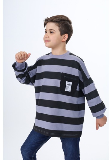 Toontoy Erkek Çocuk Çizgili Sweatshirt Koyu Gri