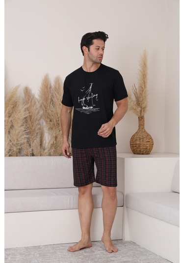Sleeproom Erkek Rahat Pamuklu Yazlik Penye Siyah Alt Ekoseli Kaprili Pijama Takim Yeni Ürün Siyah