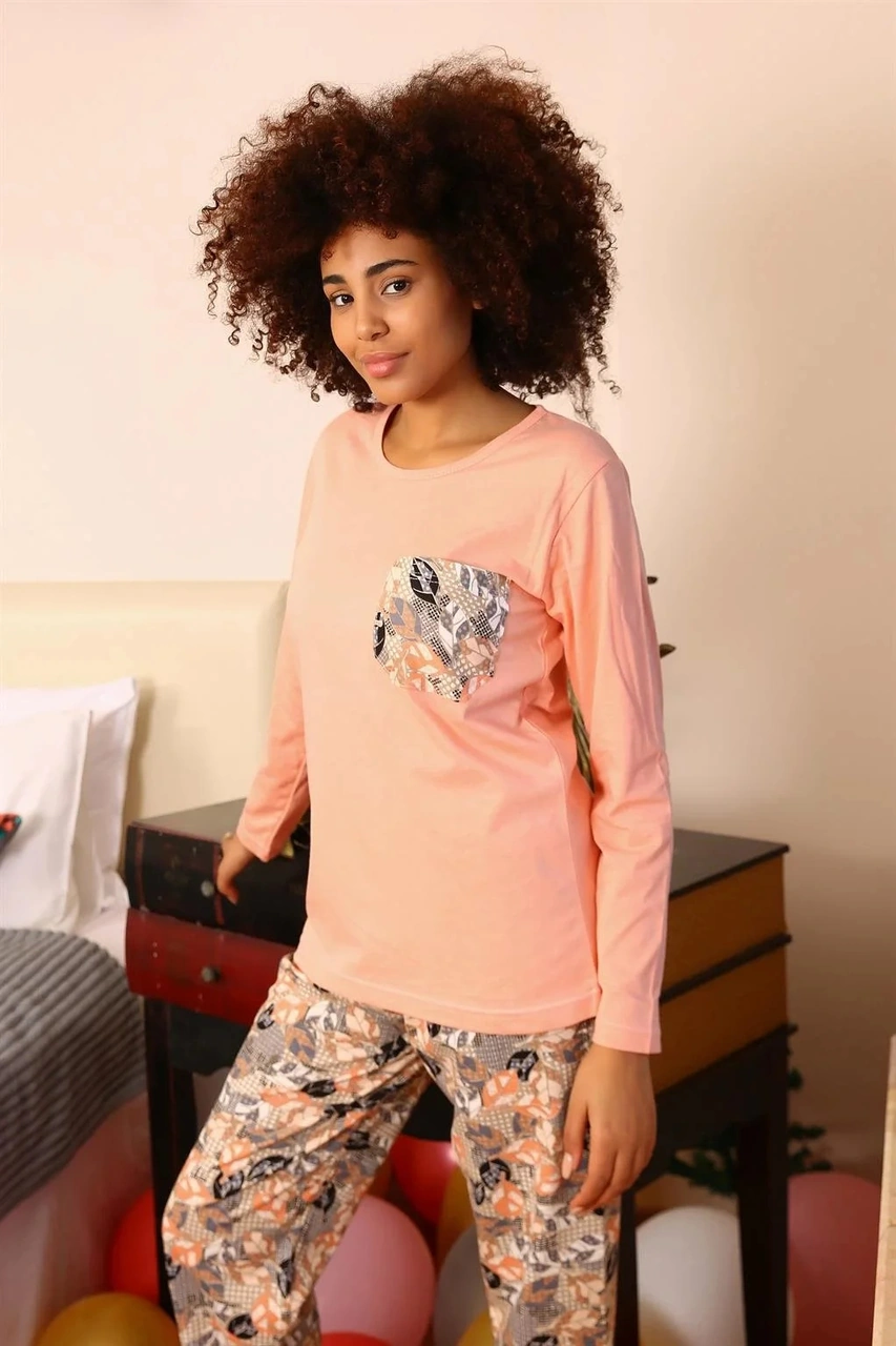 Moda Kadın Uzun Kol Penye Pijama Takım Yavruağzı YAVRUAĞZI