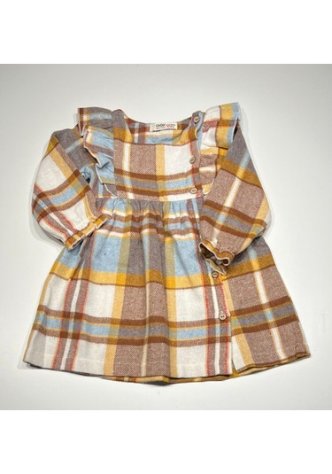 Kareli Fırfırlı 9-12 Ay Kız Bebek Dokuma Elbise Kahverengi