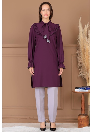 Asel Tunik Pantolon İkili Tesettür Takım Mürdüm Mürdüm