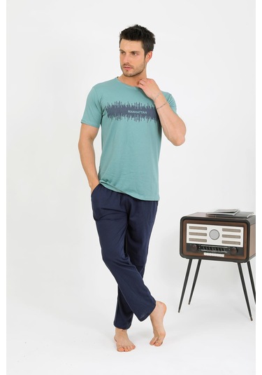 Akbeniz Erkek Pamuk Kısa Kol Pijama Takım Suyeşili 6875 Su Yeşili