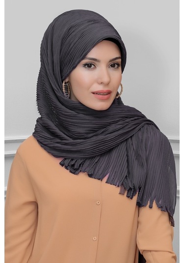 Vizon Arkadan Bağlamalı Tesettür Eşarp Kesik Elyaf Piliseli Saçak (545491475) Vizon