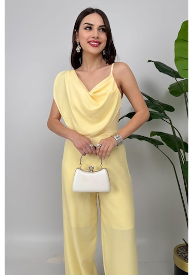 Élan Kadın Drapeli Detaylı Sarı Tulum Dokulu Kumaş Şıklığı Sarı