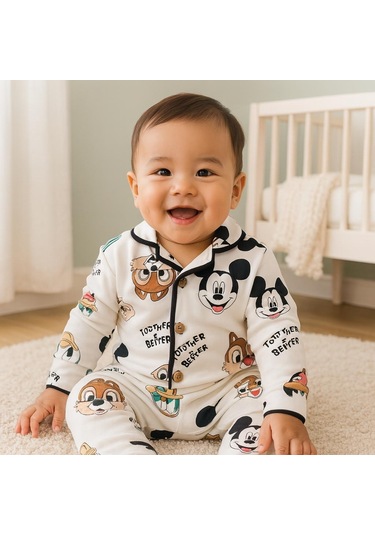 Mickey Önden Düğmeli Mevsimlik 2 Parça Pjama Takımı Kahverengi