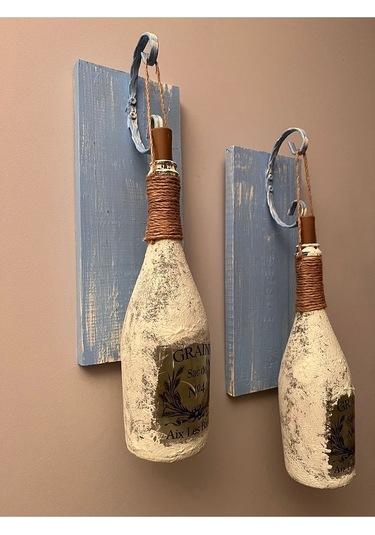 Tıpa Peri Led Işıklı Mavi Eskitme Ahşap Buzlu Cam Şampanya Şişesi Çok Renkli