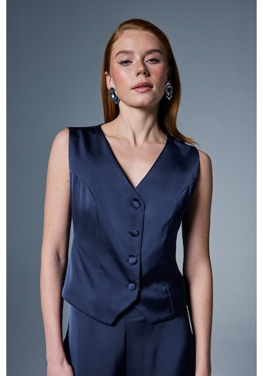 Sateen Klasik Düz Yelek - Lacivert-137032 Lacivert