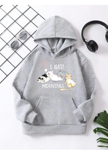 Alfanora Çocuk Unisex Kapüşonlu Kedicik Baskılı Pamuklu Sweatshirt - Gri