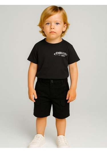 Erkek Bebek Pamuklu Kumaş Cepli Şort-16008 Siyah