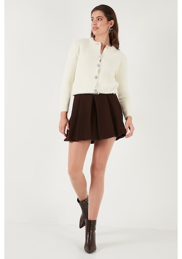 Lela Fitted Fit Bisiklet Yaka Yumuşak Dokulu Crop Bayan Hırka 4615559 Ekru