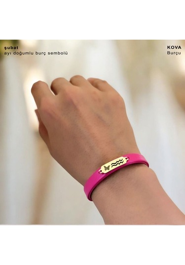 Archin Şubat Ayı Doğumlarına 14 Ayar Altın Plakalı Pembe Derili Kelebek Figürlü Hediye Bileklik-651ay Şubat