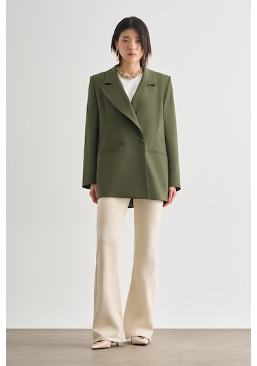 Mizalle Oversize Çift Yırtmaçlı Haki Blazer Ceket Haki