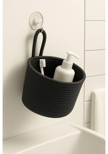 Asep Askılı Halat El Dokuma Banyo Sepeti 25x20cm Duvara Asılabilir Çok Amaçlı Düzenleyici Ve Saklama Antrasit