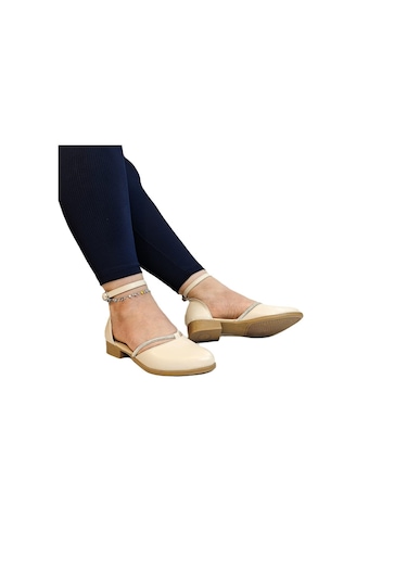 Fiyra 4050 Bej Taşlı Bilek Bağlı Karnıyarık Bayan Babet Sandalet Bej