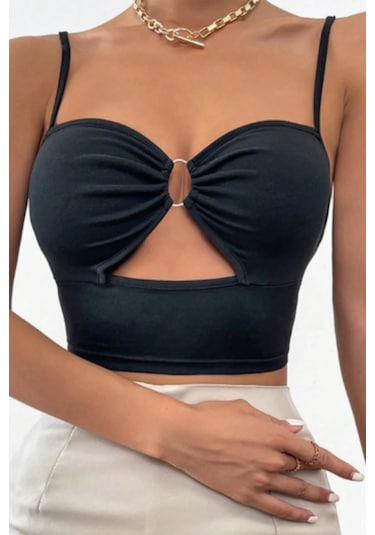 Merry See Aksesuarlı Şık Crop Büstiyer T-shirt Siyah