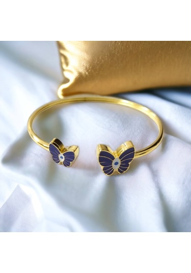 Çelik Mor Kelebek Detaylı Altın Renkli Kararmaz Kadın Bilezik Bileklik Çelik