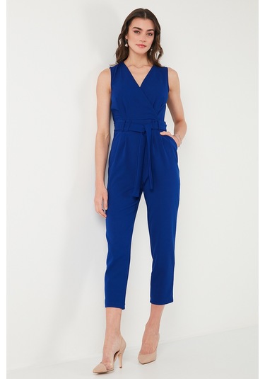 Lela Slim Fit Düz Paça Kruvaze Yaka Kemerli Bayan Tulum 6783626 Saks