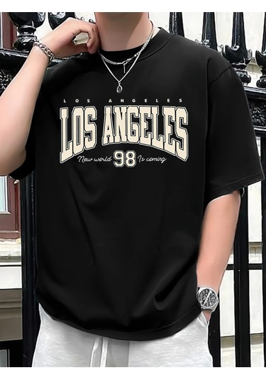 Guılanerkek Los Angeles 98 Baskılı Pamuk Spor Tişört, Rahat Ve Modablack Black