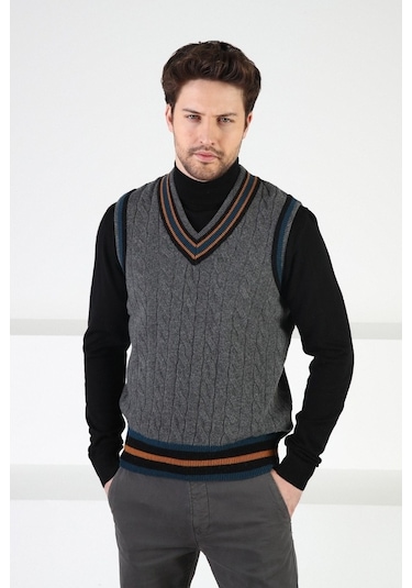 Ferraro Füme Örgü Desenli V Yaka %100 Kuzu Yünü Erkek Süveter