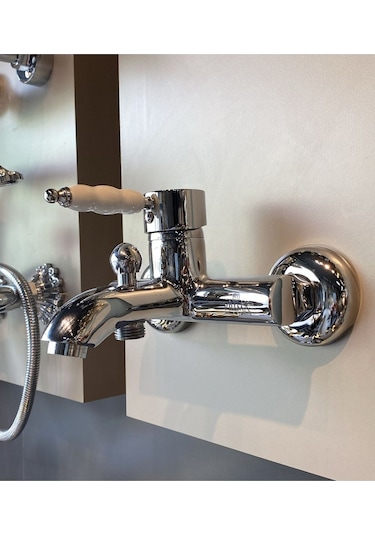 İsaoğlu Yapı Banyo Bataryası Vintage Tasarım Porsalen Banyo Musluğu Pirinç Gümüş