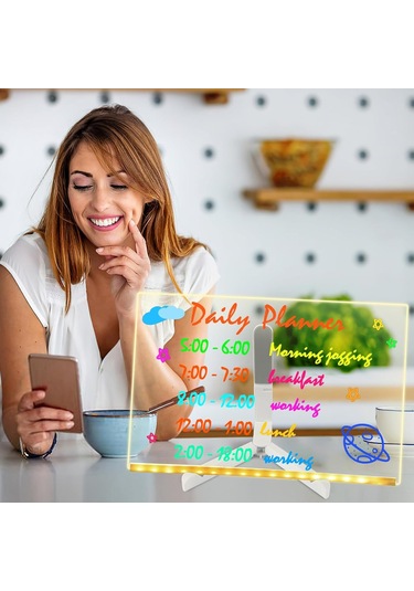 Hombey 30x20cm Büyük Led Işıklı Akrilik Tahta - 12 Renkli Kalem, Açı Ayarlanabilir Tripod, Silme Bezi Ve Şarj Aleti İle Yeniden Kullanılabilir Çizim Ve Not Alma Tablosu Beyaz