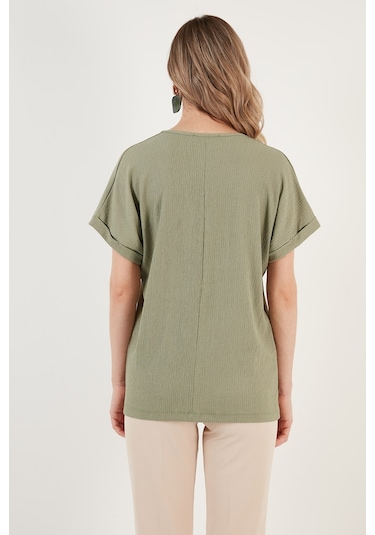 Lela Düğme Detaylı V Yaka Bayan Bluz 5865567 Olive