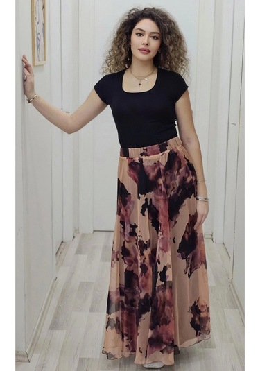 Bel Lastikli Kloş Desenli Şifon Etek 6003-kahverengi Kahverengi