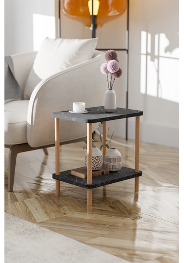 2 Raflı Yan Sehpa Geniş Gazetelik Kitaplık Çiçeklik -siyah