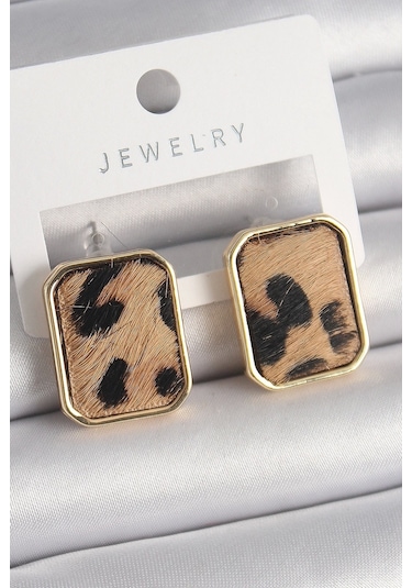 Pirinç Gold Renk Kare Leopar Desen Model Kadın Küpe Çok Renkli