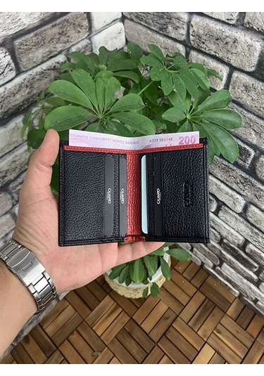 Asyaclub Hakiki Deri Erkek Siyah/Kırmızı Mini Cüzdan Siyah