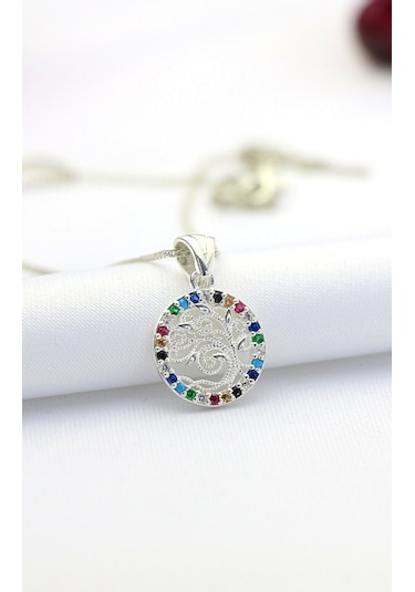 Hayat Ağacı Telkari Renkli Taşlı Gümüş Kolye